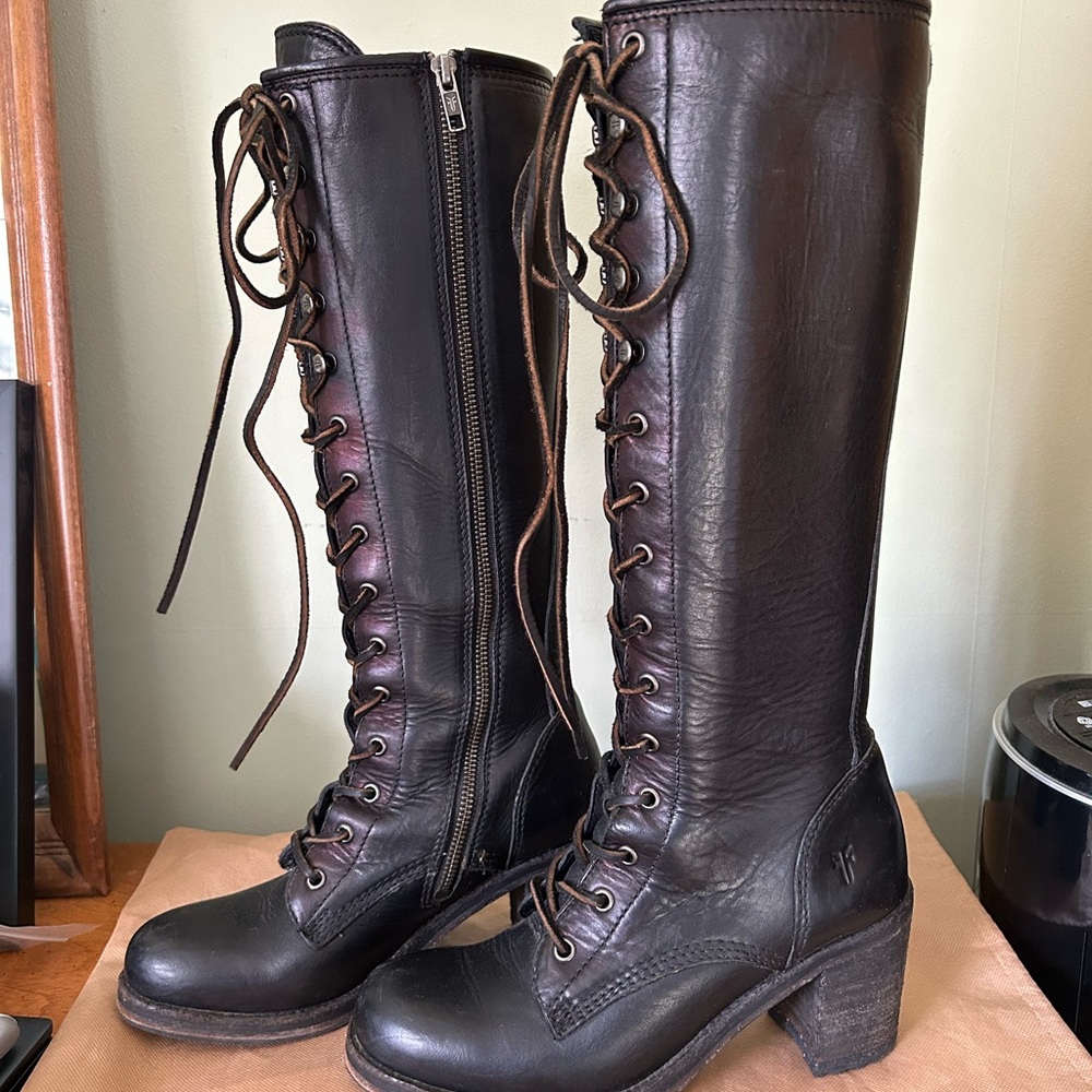 Frye Karen Tall Lace-Up Leather Boots black 7.5 - Picture 4 of 16